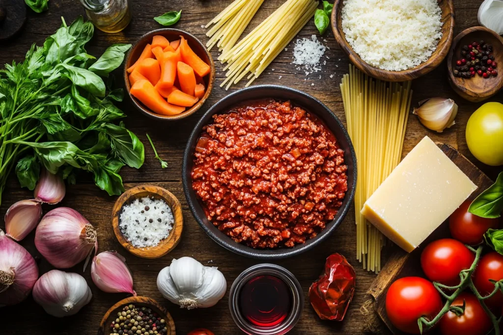Zutaten für Spaghetti Bolognese auf Holztisch arrangiert