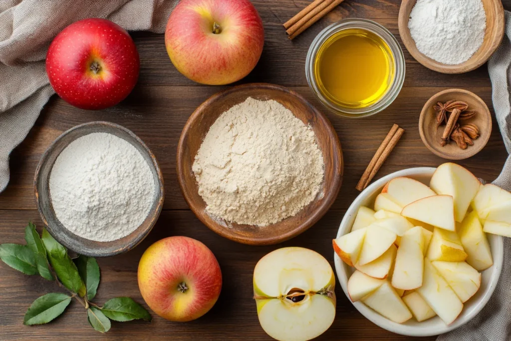 Vegane Zutaten für Apfelkuchen nebeneinander