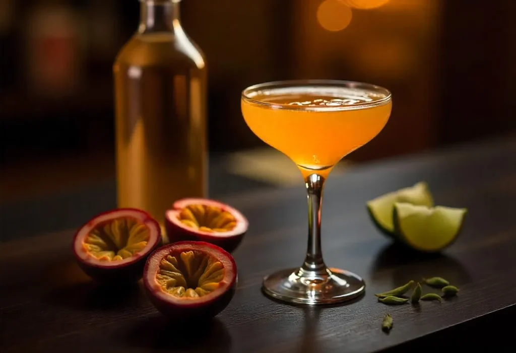 Zutaten für Pornstar Martini: Vanille-Vodka, Passionsfrucht, Limette, Sirup
