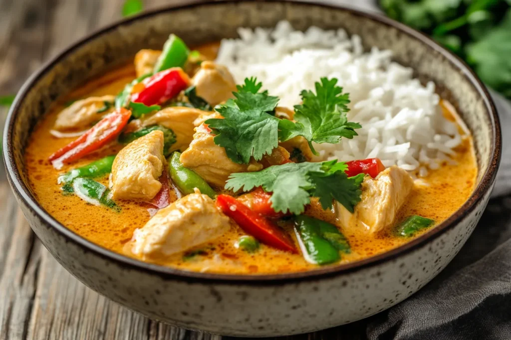 „Hühnchen-Curry mit Kokosmilch, serviert mit Reis“