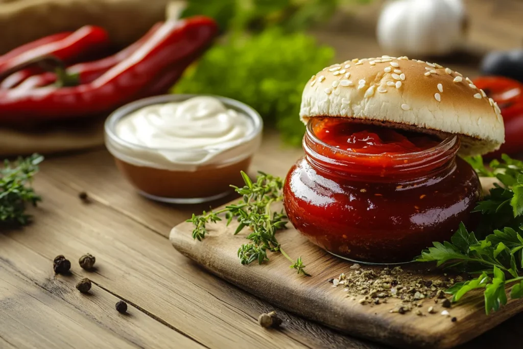„Burgersauce Zutaten frisch angerichtet“