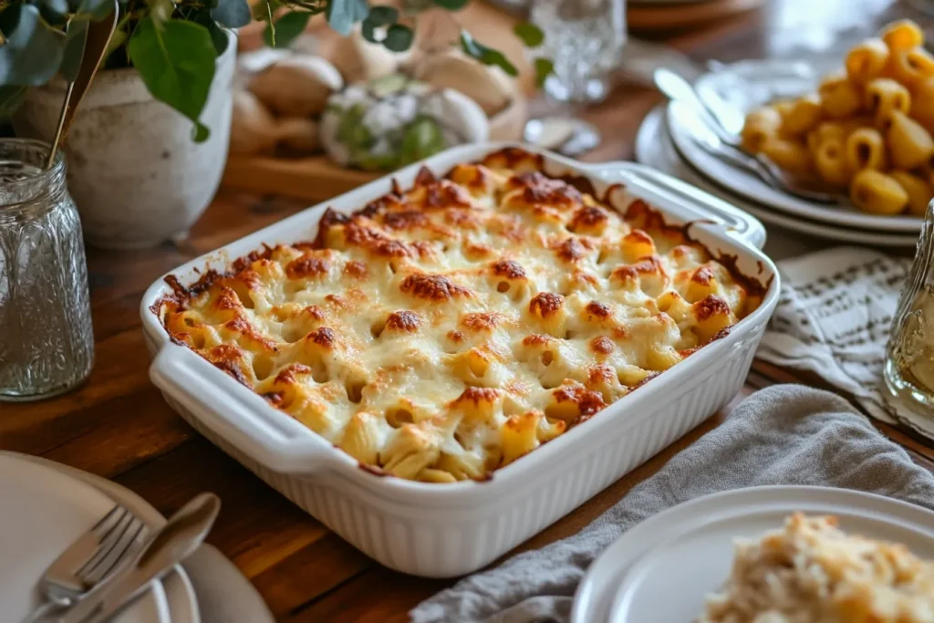 „Cremige Hühnchen-Pasta in einer Auflaufform serviert“