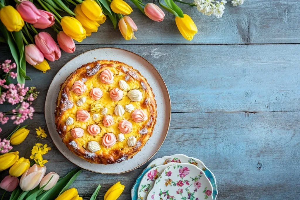 „Käsekuchen zu Ostern auf festlich gedecktem Tisch“
