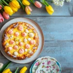 „Käsekuchen zu Ostern auf festlich gedecktem Tisch“