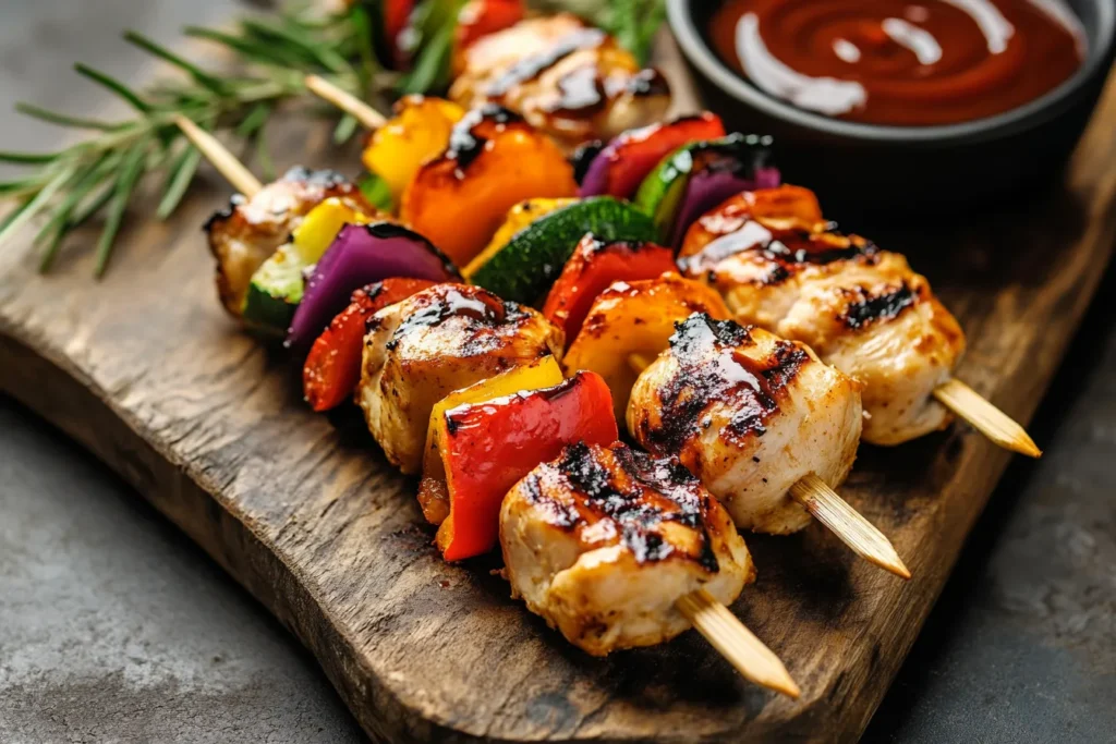 „BBQ-Hähnchenspieße frisch vom Grill mit Gemüse“