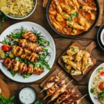 „Vielfältige Gerichte mit Hühnchen auf einem gedeckten Tisch“