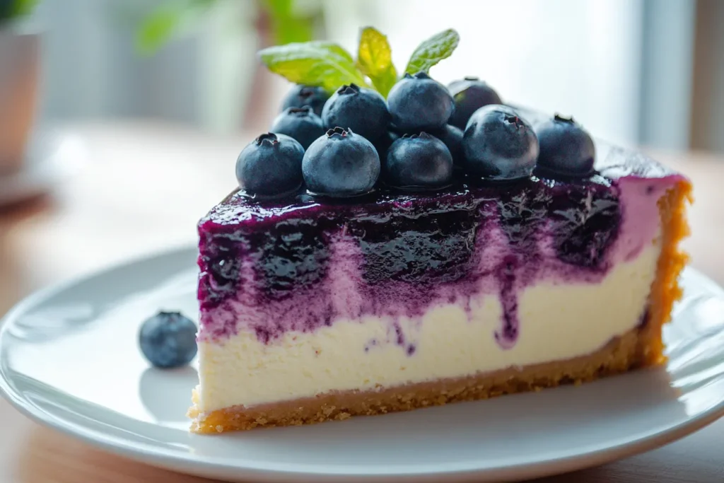 Saftiger Blueberry Cake Cheesecake auf einem Kuchenteller