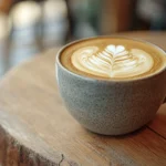 Frisch zubereiteter Flat White mit Latte Art auf Holztisch