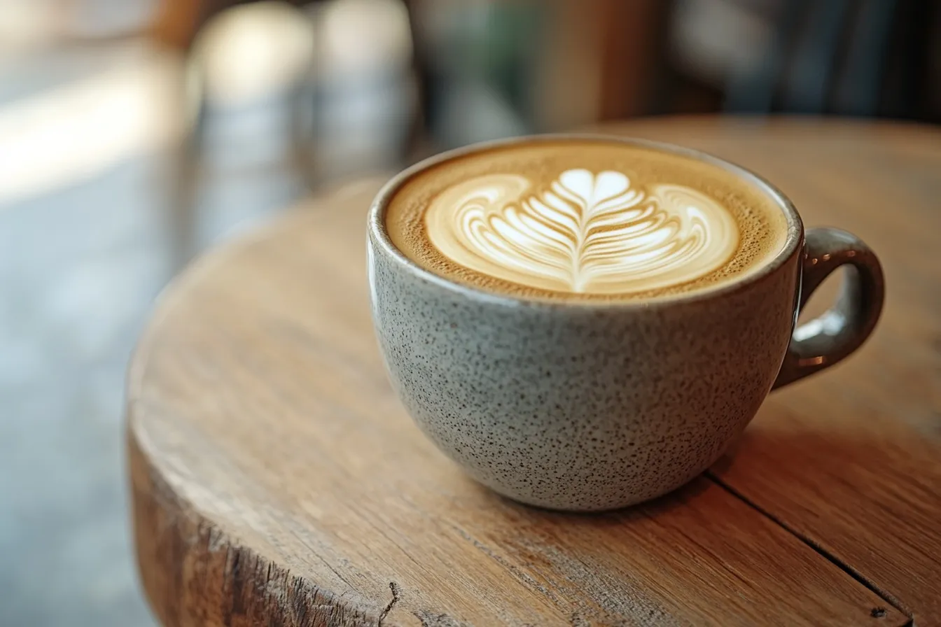 Frisch zubereiteter Flat White mit Latte Art auf Holztisch