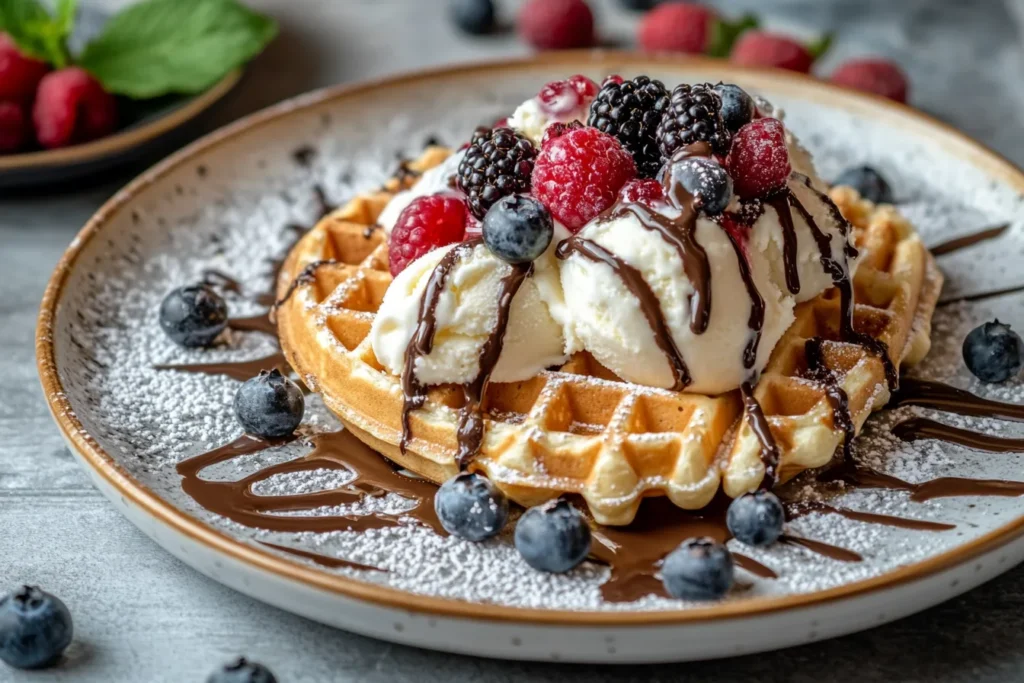 Waffeln mit Eis, Früchten und Schokoladensauce