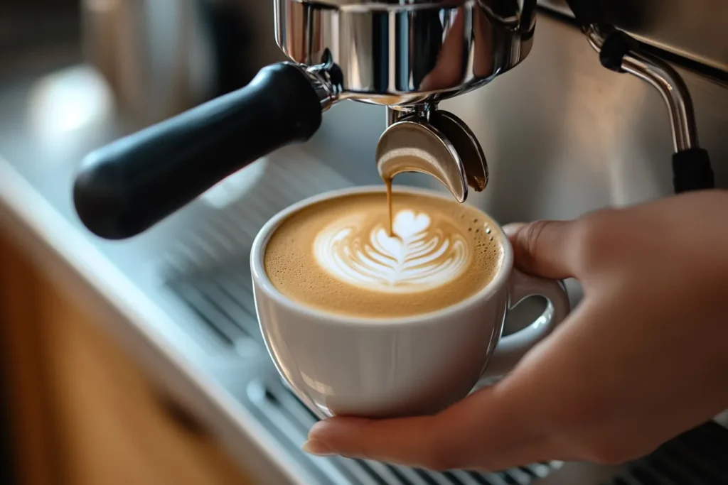 Barista bereitet Flat White mit Siebträgermaschine zu