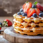 Frisch gebackene Waffeln auf einem rustikalen Holzbrett mit Toppings