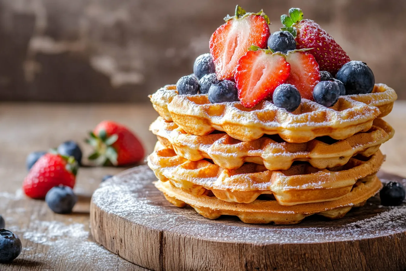 Frisch gebackene Waffeln auf einem rustikalen Holzbrett mit Toppings