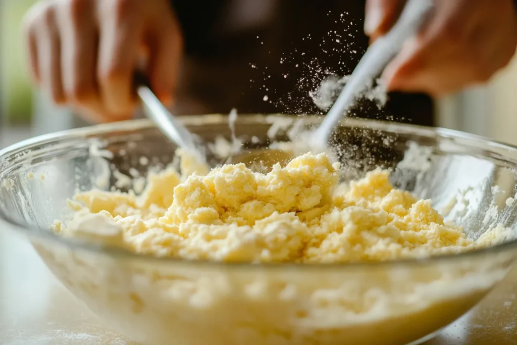 Kekskrümel mit Butter vermengt in einer Schüssel