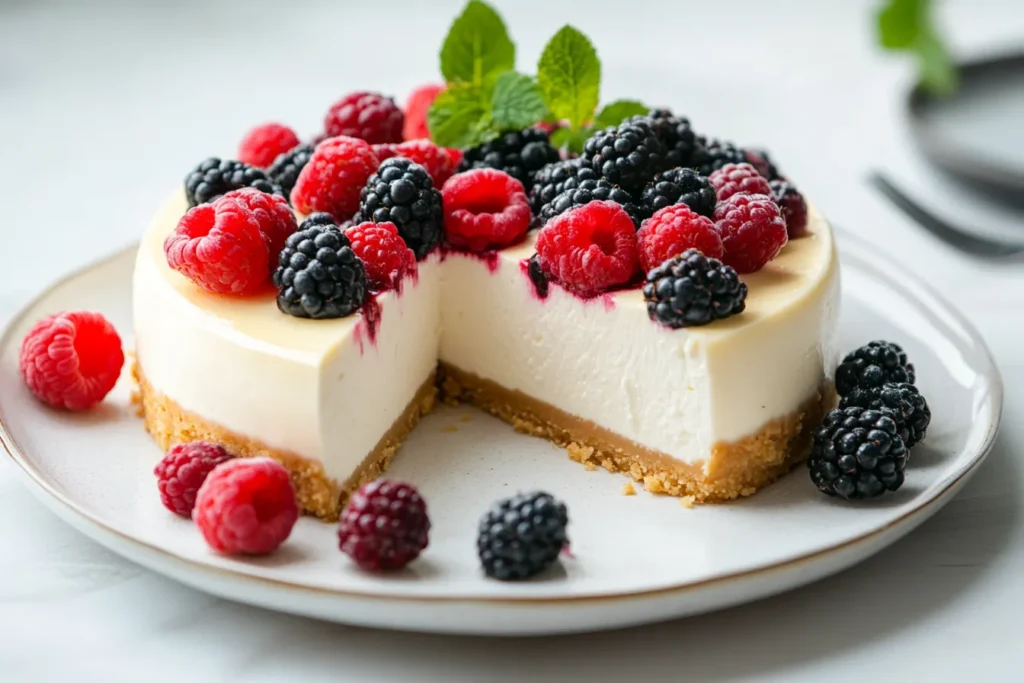 Cremiger No Bake Cheesecake auf einem Teller serviert