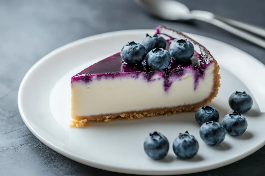 Portion Blueberry Cake Cheesecake auf einem Kuchenteller