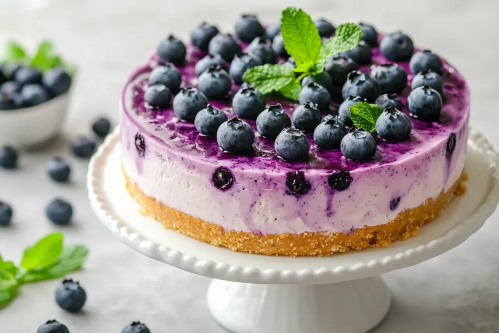 Blueberry Cake Cheesecake angerichtet mit Minze und Blaubeeren