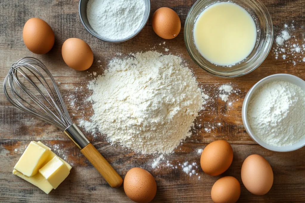 Zutaten wie Mehl, Eier, Butter und Milch auf Küchentisch