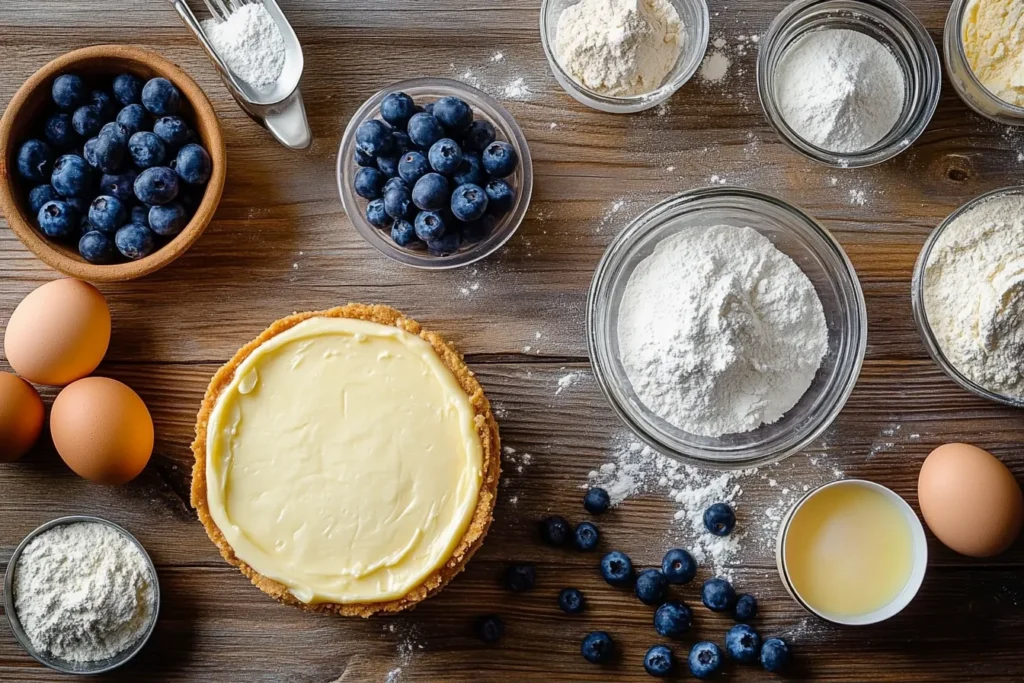 Zutaten für Blueberry Cake Cheesecake auf einem Tisch