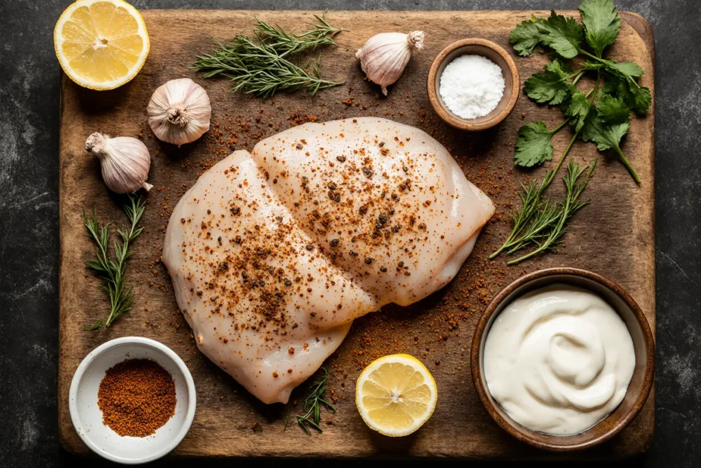 Zutaten für ein Hühnchen Rezept nebeneinander arrangiert auf Holzbrett