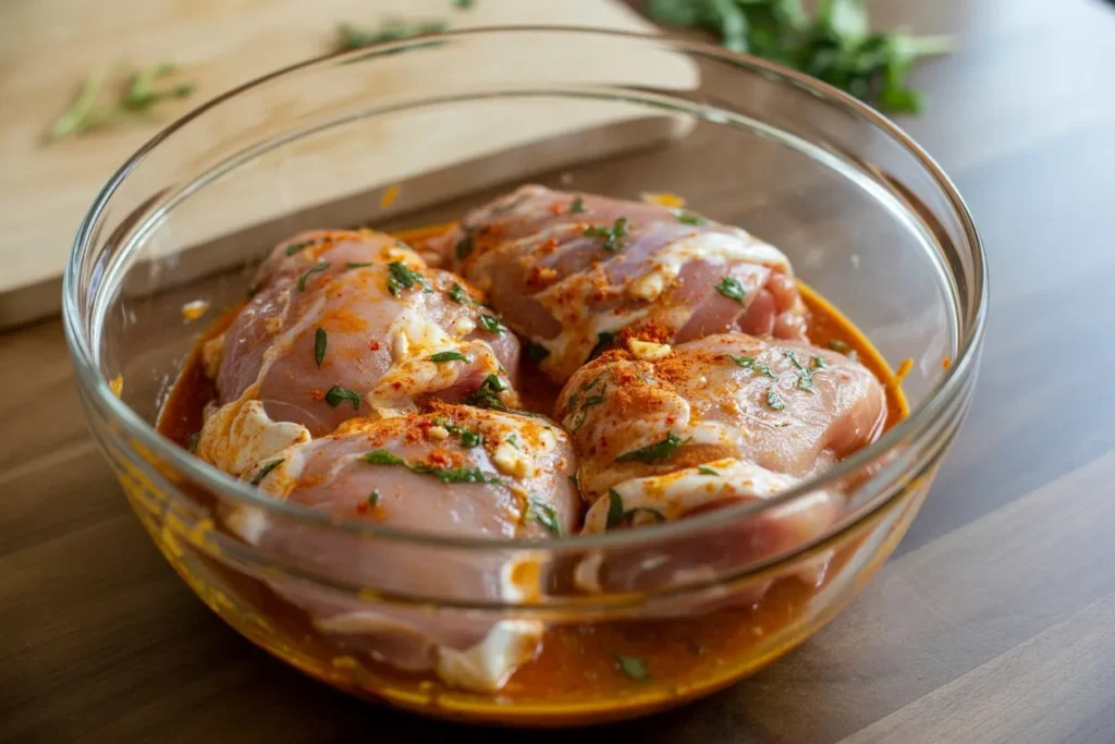 Hähnchenschenkel werden in einer Schüssel mit Marinade eingerieben