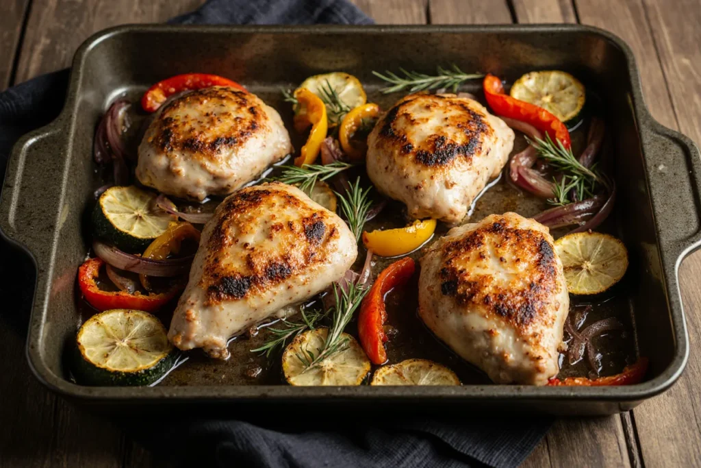 Hühnchen mit Ofenkartoffeln, Zucchini und Rosmarin auf einem Backblech